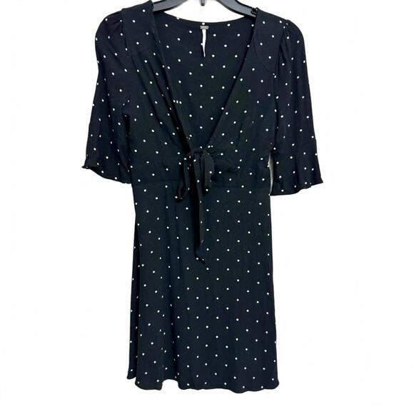 Free People All Yours Retro Black & White Polka Dot Ruffle Tie Mini Dress Size 0 - Picture 2 of 7